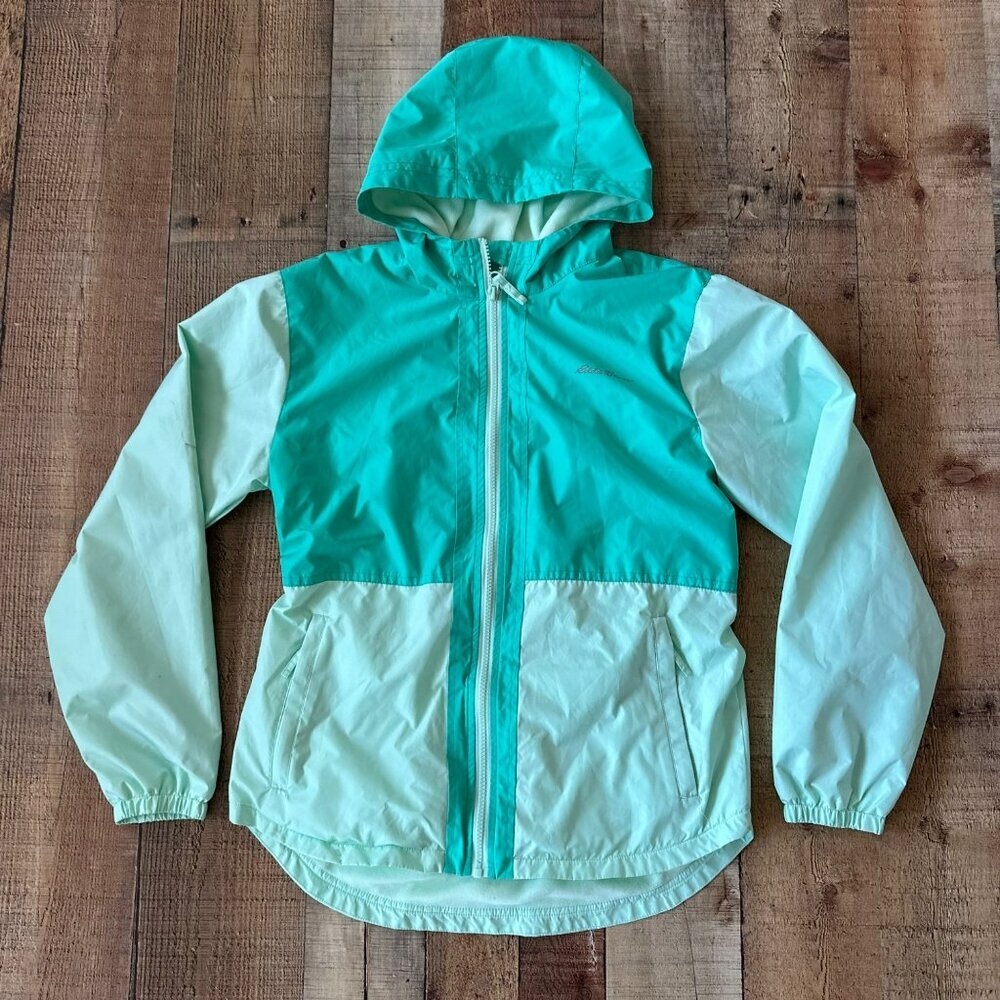 Eddie Bauer girls fleece lined mint green color block hooded jacket size XL (16)